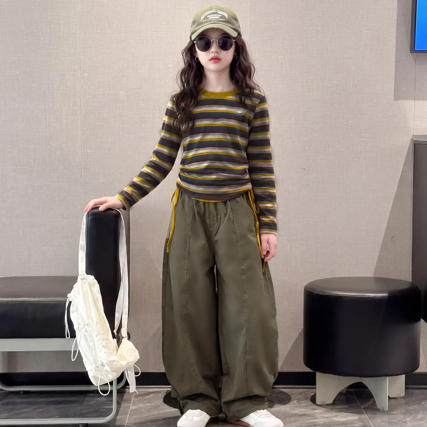Ins Autumn Junior Girls 2PCS Clothes Set Teens Girls Striped Long Sleeve Tops Suits Loose 2-14Y Kids Girls Green Overalls Outfit