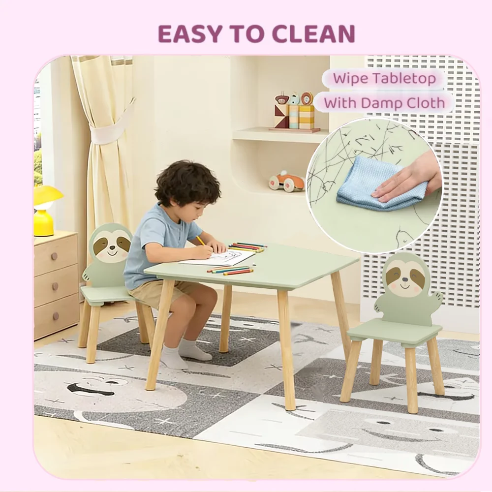 Orraves Kids Table and Chair Set with 2 Cute Sloth Chairs, Wooden Toddler Activity Table, Cute Animal Design Play & Study Set for Playroom, Bedroom, Classroom – Sage Green & Wood