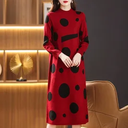 Autumn Winter New Fashion O-neck Polka Dot Long Dress Women's Clothing Loose Casual Soft Elastic Warm Wool Knitted Dress