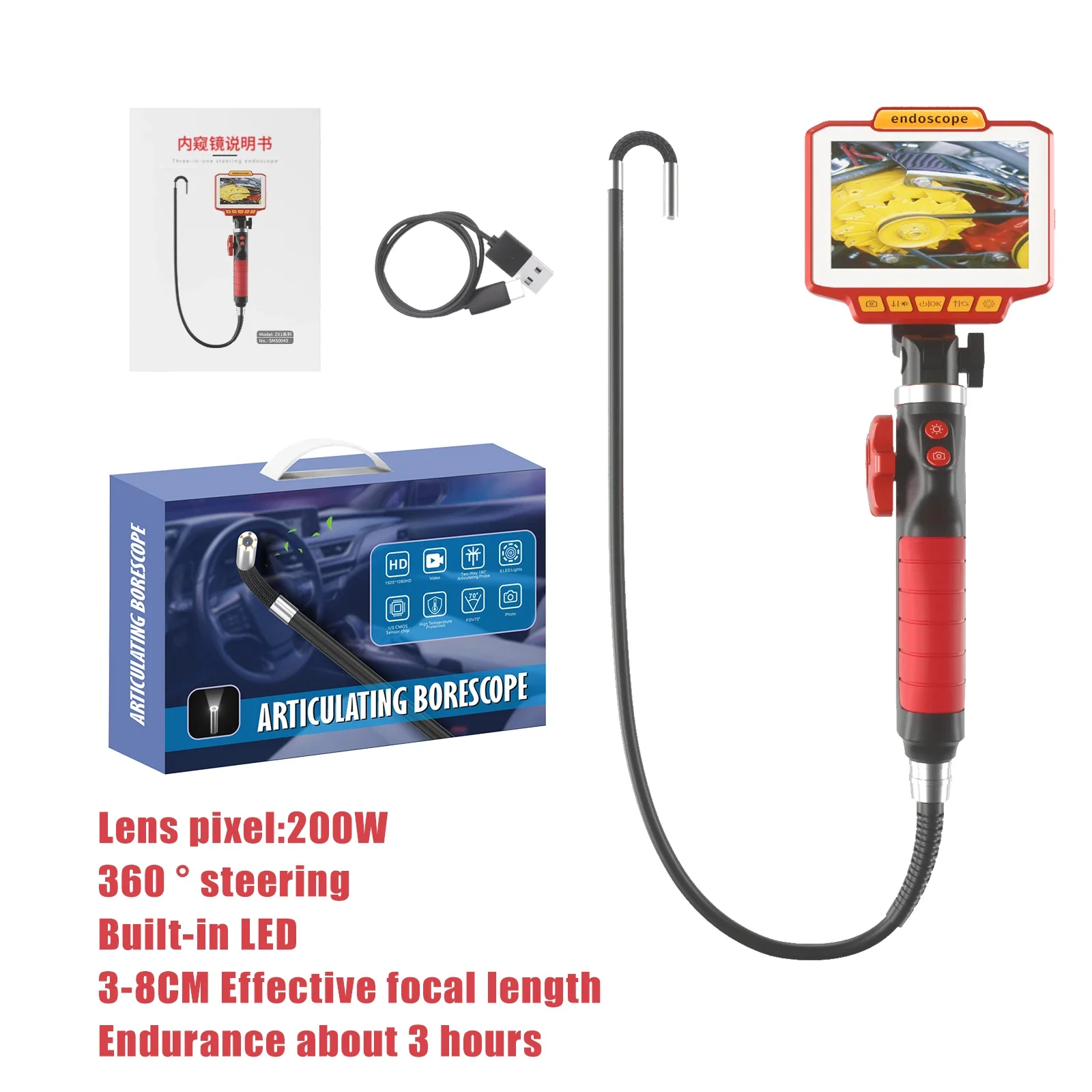 4.3 inches HD Display Handheld 6mm/8mm 360 ° Steering Endoscope with Screen Vehicle&Pipeline Detection Fire Protection&Security