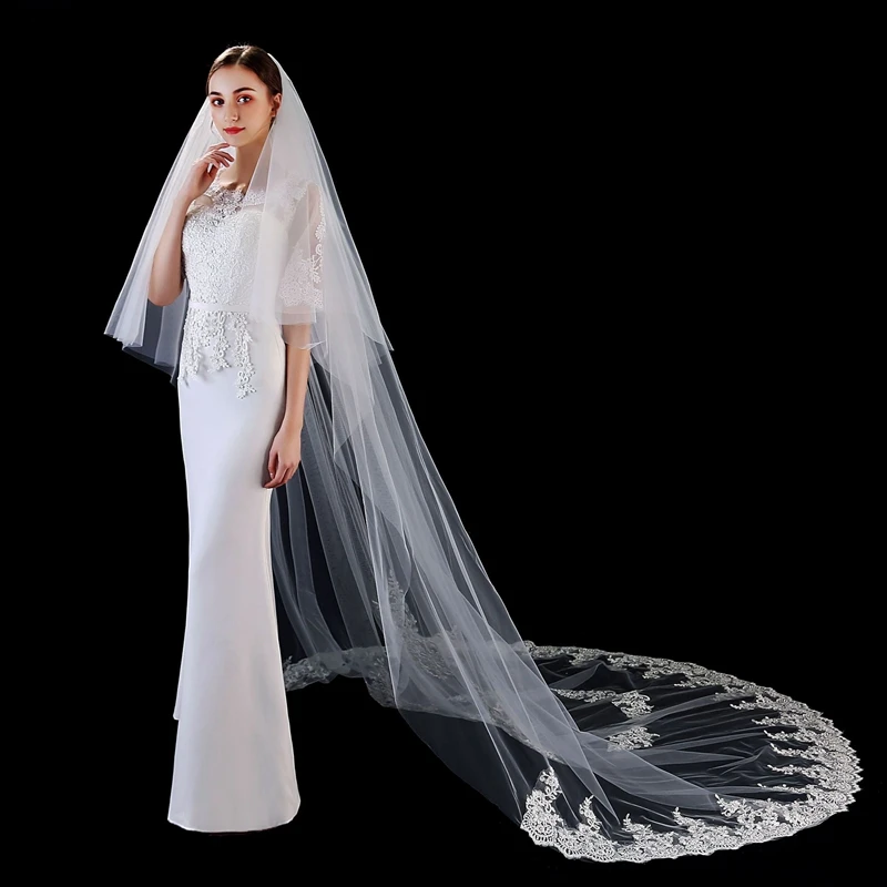 Hot Sale Ivory Cathedral Wedding Veil Two Layers with Comb Lace Applique Matrimonio boda Wedding accessories Wedding Veils