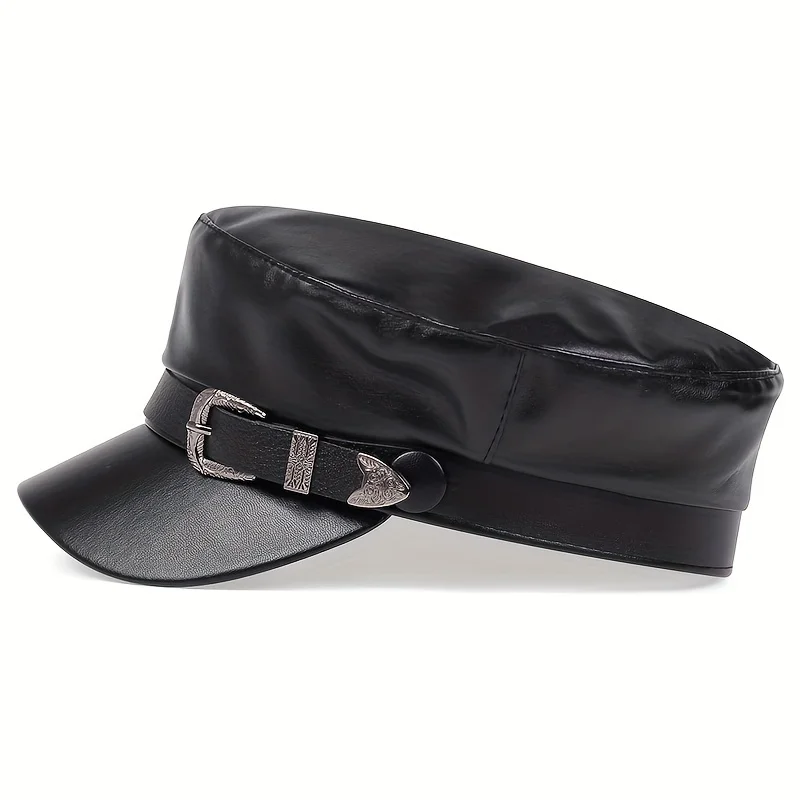 Unisex Nieten-Schnallen-Lederhut Frühling Herbst Matrosenhüte Schwarze Baskenmütze Herren Flacher Kapitänsmütze Militärkappe – Detail 6