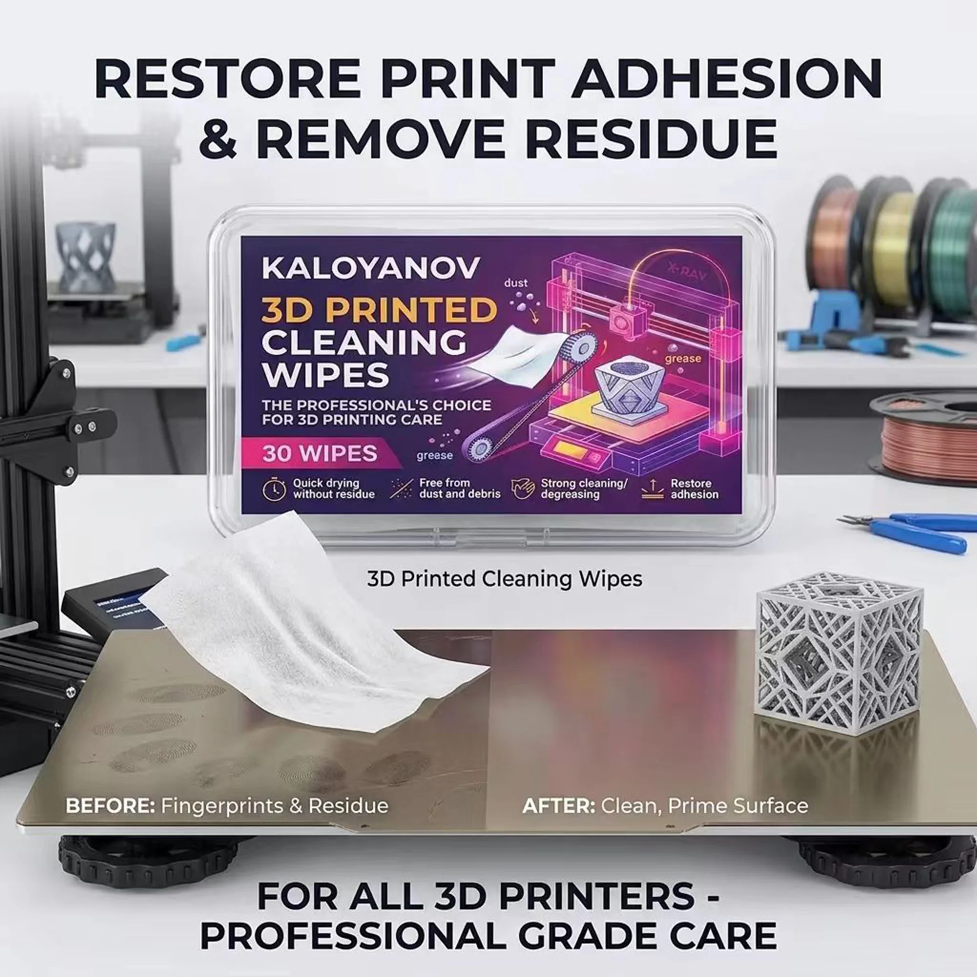 3D Printer Bed Restore Adhesion Wipes,30Pcs Lint-Free Degreaser Pads for PEI, Glass & Spring Steel Plate Build Plate Maintenance