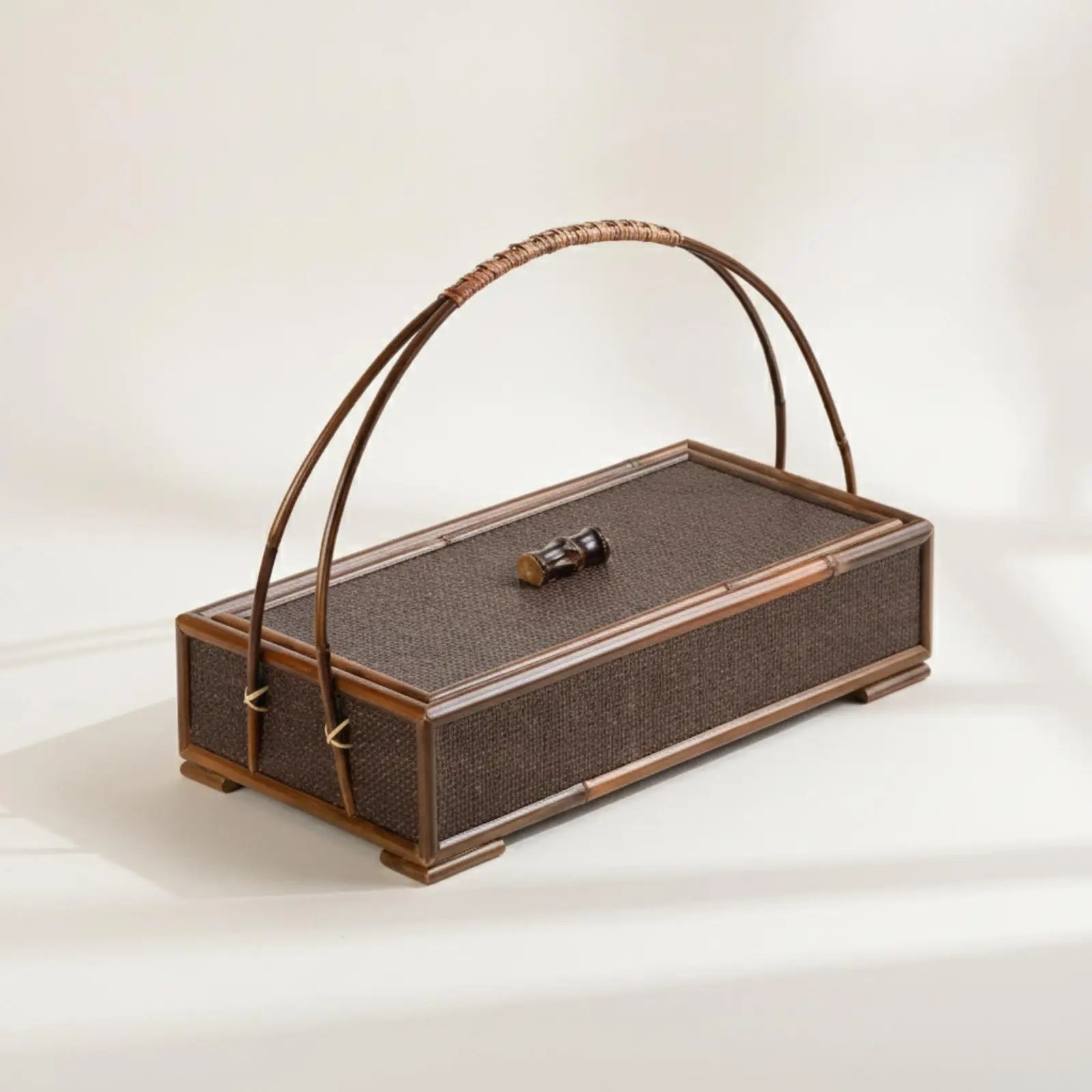 Woven Bamboo Storage Container Tea Organizer Tea Box with Handle for Serving Guests and Organizing