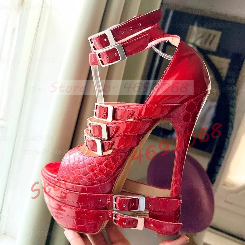 Red Crocodile Platform Sandals With Multiple Buckle Straps Women Sexy Cover Heel Stiletto High Heel Trendy Open Toe Metal Sandal