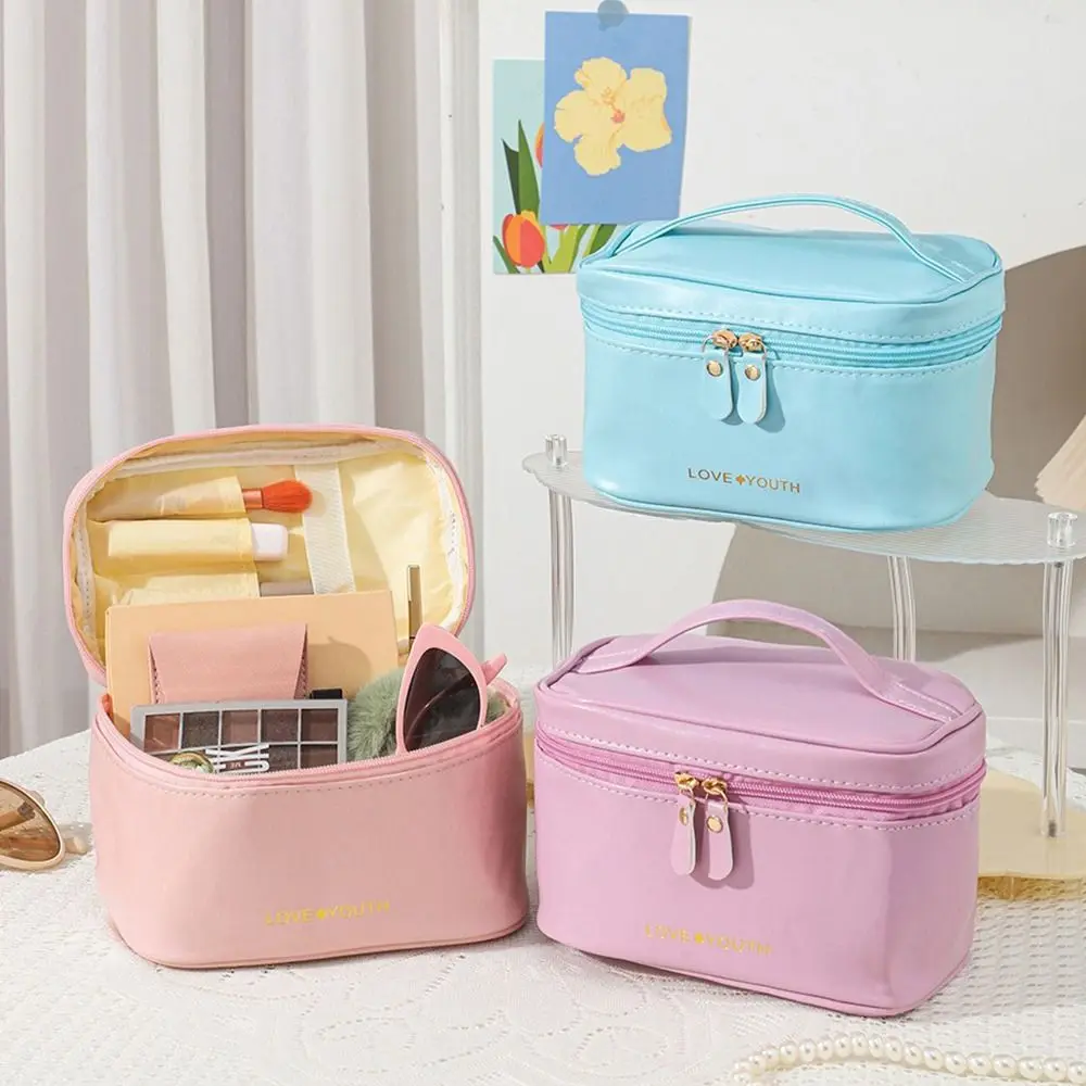 Portable PU Leather Cosmetic Storage Bag Large Capacity Multi-functional Travel Pouch Bath Toiletry Handbag