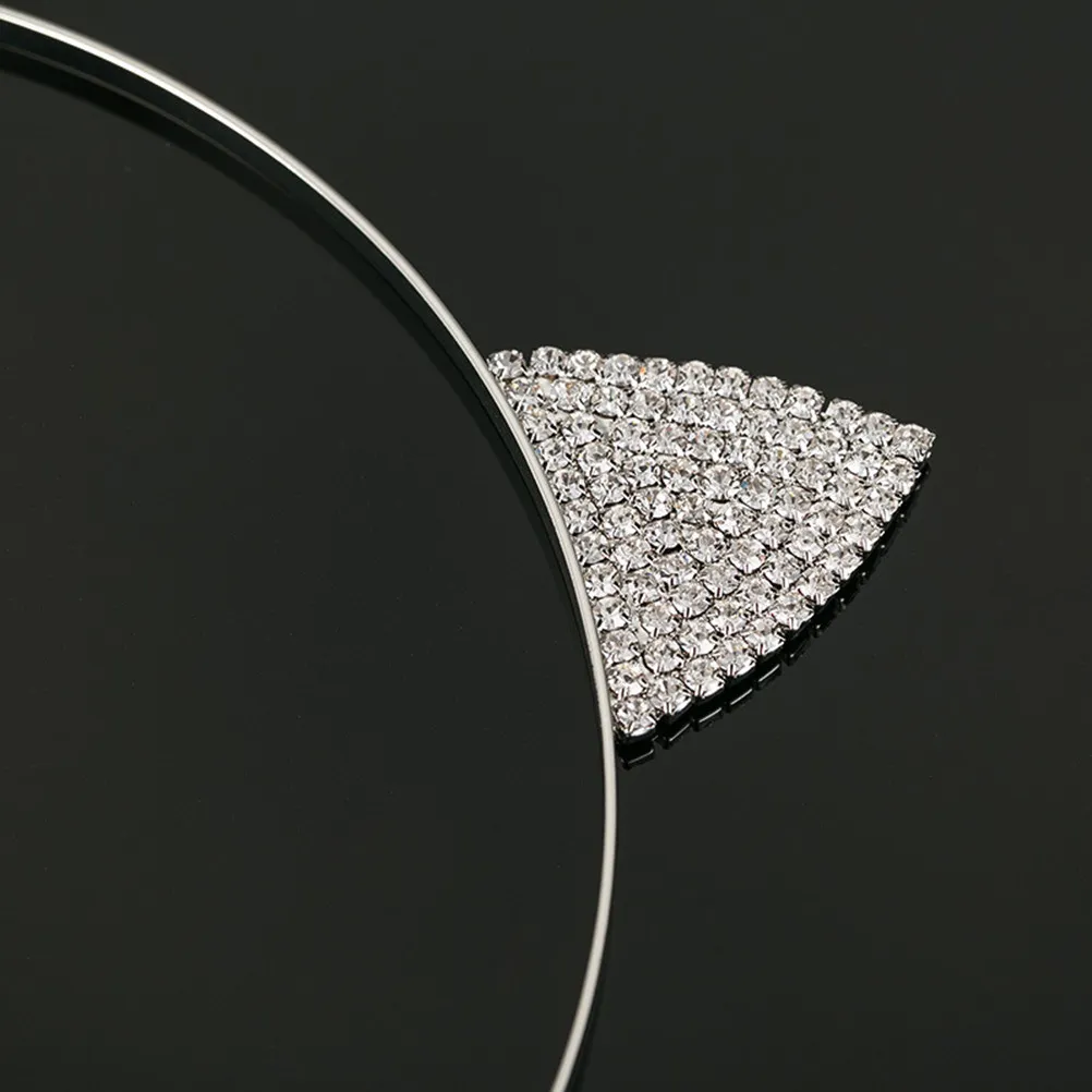 Crystal Cat Ear Headband 2 Piece Rhinestone Hairband for Women Costume Party Prom Masquerade Christmas