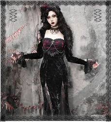 Blood Supply Original Gothic Black Velvet Dress Lace Full Sleeve Square Collar Mesh Red Halloween Slim Velvet Trumpet Dresses