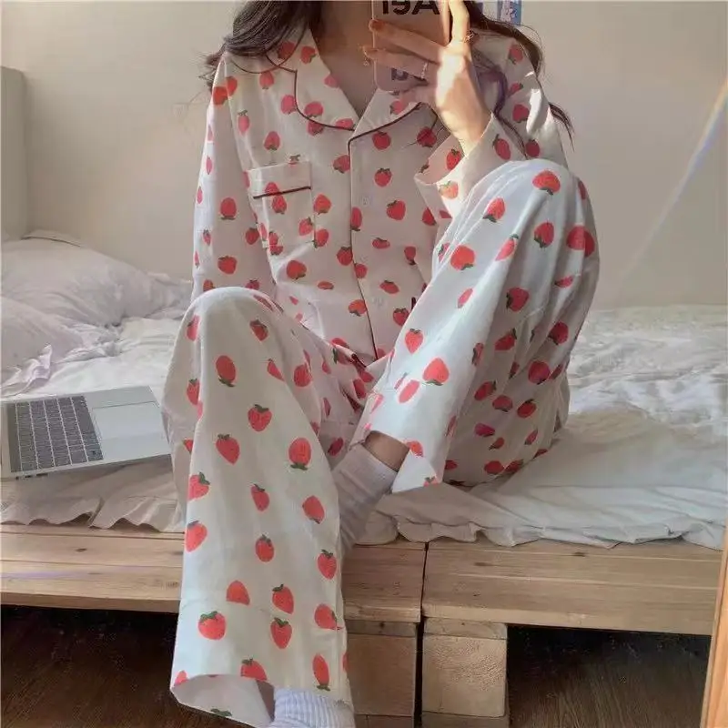 Spring Women Cute Pajamas Set Cartoon Soft Cotton Loungewear Turn-Down Collar Long-Sleeve Pants Sleepwear Girls Sweet Home Suit