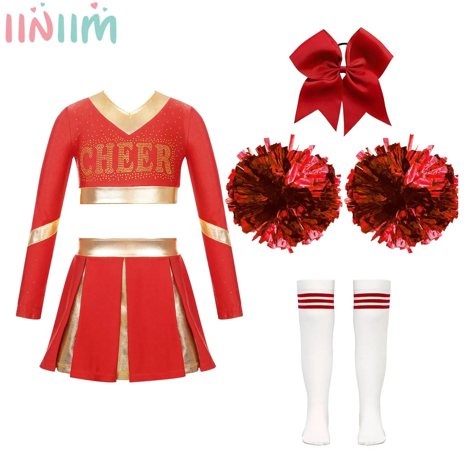 Kids Girls Halloween Cheer Leader Costume Cute Cheer Uniform Outfit with Accessories for High School Cheerleading Team Sports