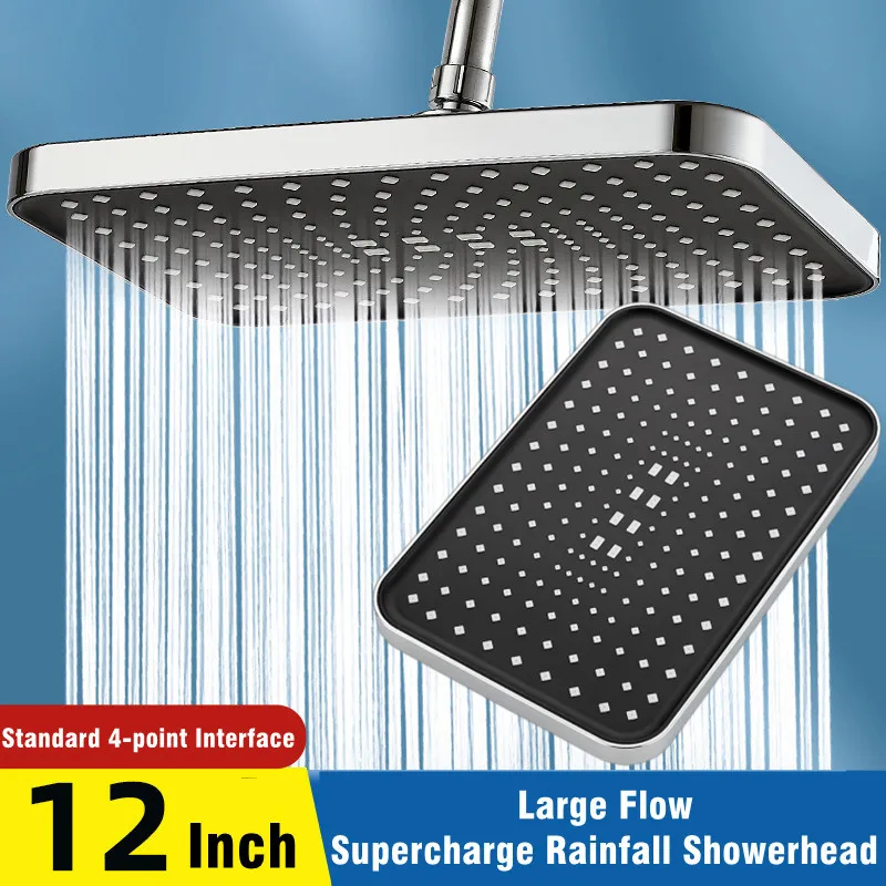 Luxury 12 Inch High Pressure Top Spray Rain Shower Head Larger Flow Supercharge Rainfall Showerhead 360° Swivel Water Saving