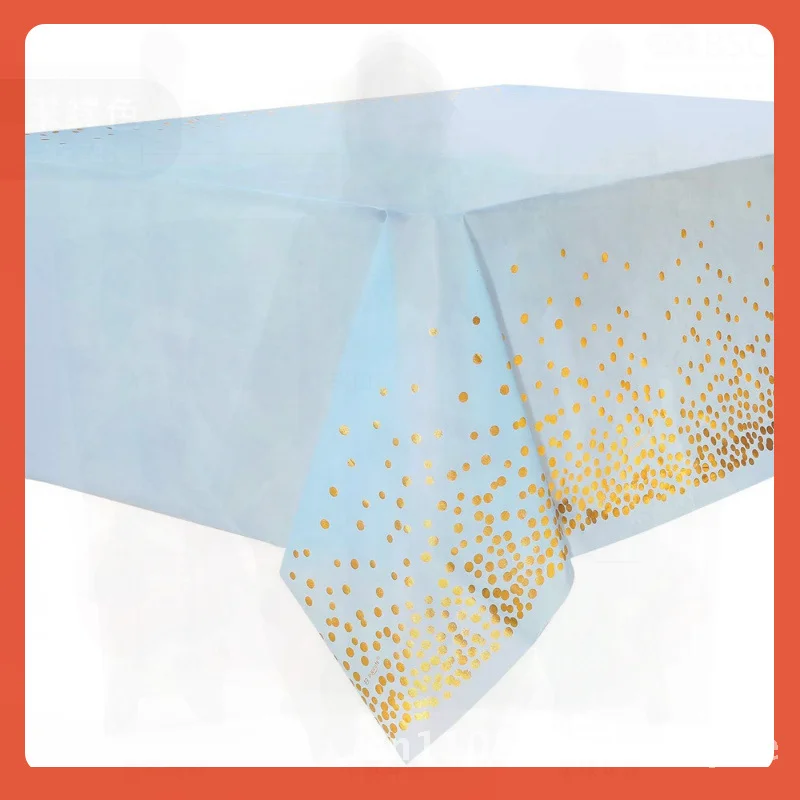 

Blue Background Disposable PEVA Tablecloth with Polka Dot Pattern Rectangular Party Supplies Gold Dots on Pink & Black Available