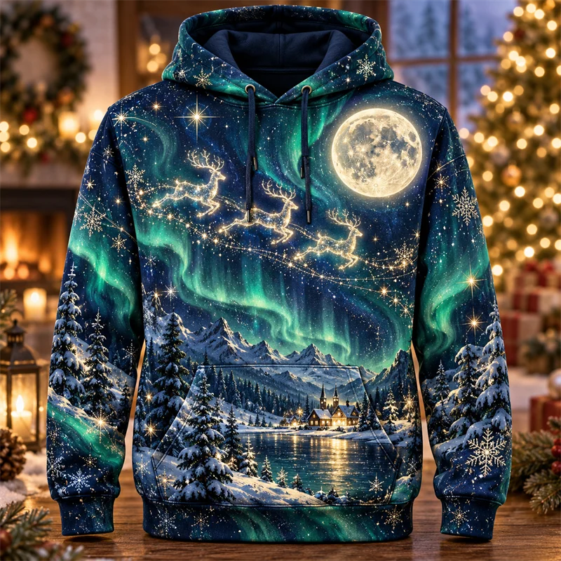 Christmas 3D Print Hoodie Stained Glass Reindeer Aurora Floral Dragon Snow Globe Festive Pullover Holiday Winter Streetwear Gift