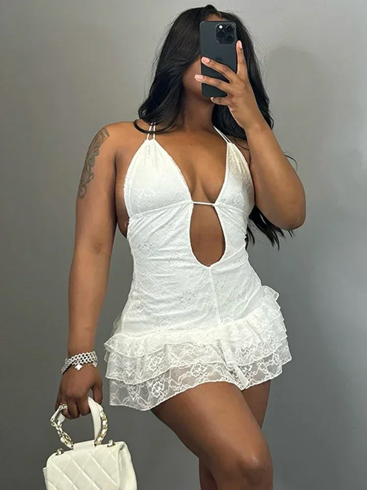 Gioio halter em camadas bolo vestido de baixo pescoço sexy sem costas meia-noite festa coquette verão tendência estiramento férias rave bodycon