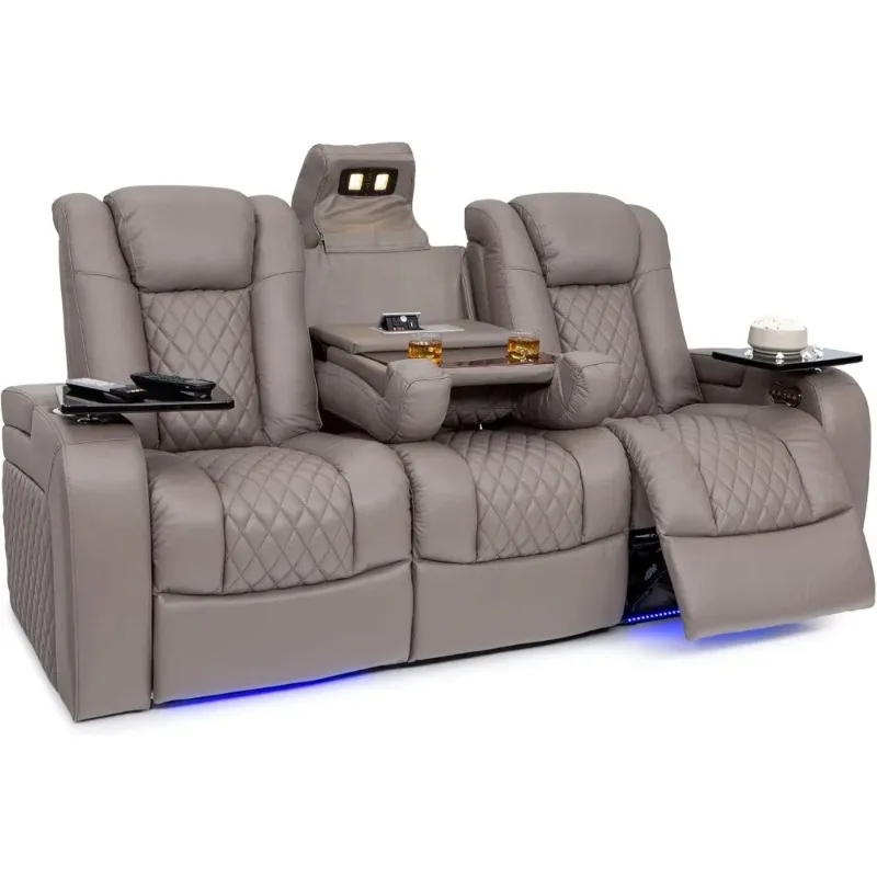 

【Best-selling】Leather Sofa w/Fold-Down Table w/Storage Console, Living Room, Power Headrest