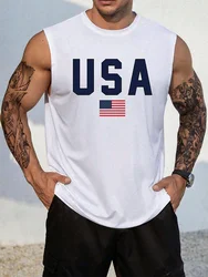 2024 New USA Flag Print Men's Tank Top Summer Casual Men's Loose Sleeveless T-shirt Outdoor Sports Fashion Street Men's Tank Top