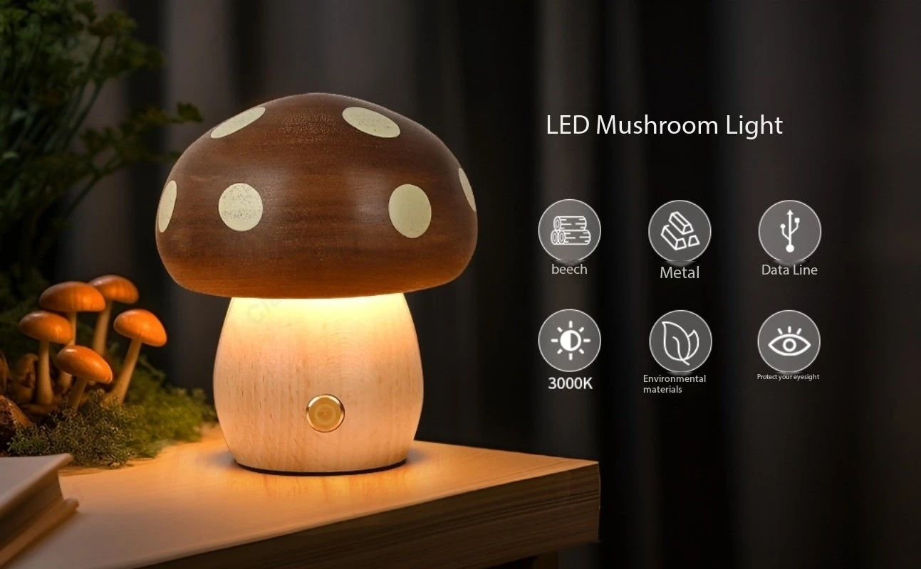 Creative LED Solid Wood Mushroom Night Light Bedroom Bedside Atmosphere Lighting Children's Room Desk Lamp