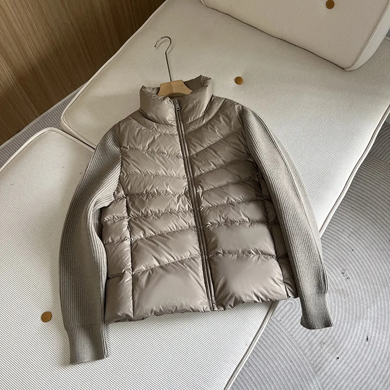 Piumino da donna europeo moda autunno e inverno Giacca dimagrante con giunture lavorate a maglia