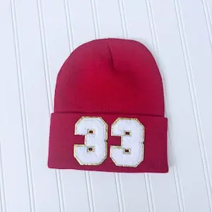 

Sports Mom Chenille Patch Beanie Sports Mom Ball Custom Number Beanie Game Day Hat Hockey Football, Volleyball, Baseball, Soccer