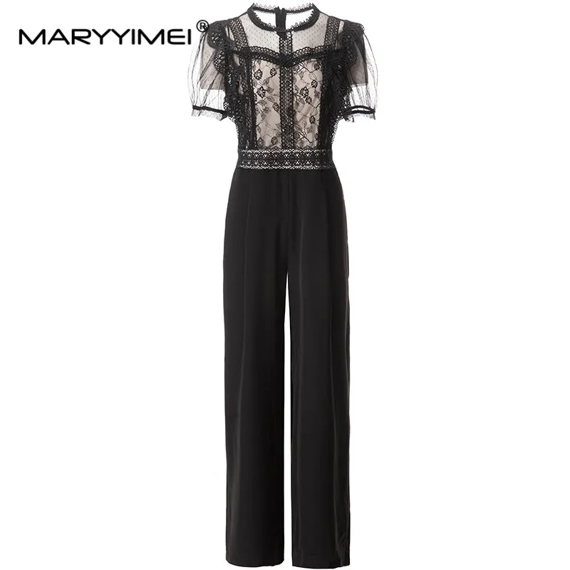 MARYYIMEI Fashion Designer spring Summer Women's O-Neck Puff Sleeve Mesh Lace Hollow Out Printed Wide leg Black Jumpsuit