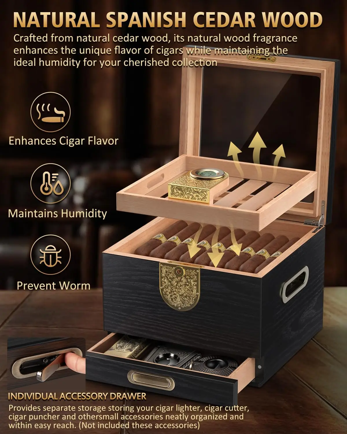 Premium cederhouten humidor met glazen deksel, digitale hygrometer, lederen etui, tube en accessoireslade - Zwarte cadeauset