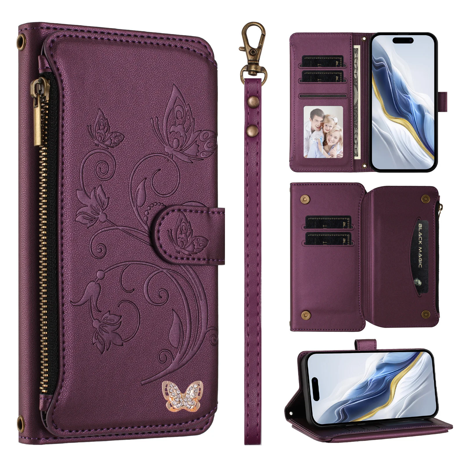 

Wrist Zipper Wallet Case for Sharp Simple Sumaho5 Wireless Charging Leather Multi 5 Cards Flip Cover For Sharp Basio Active3