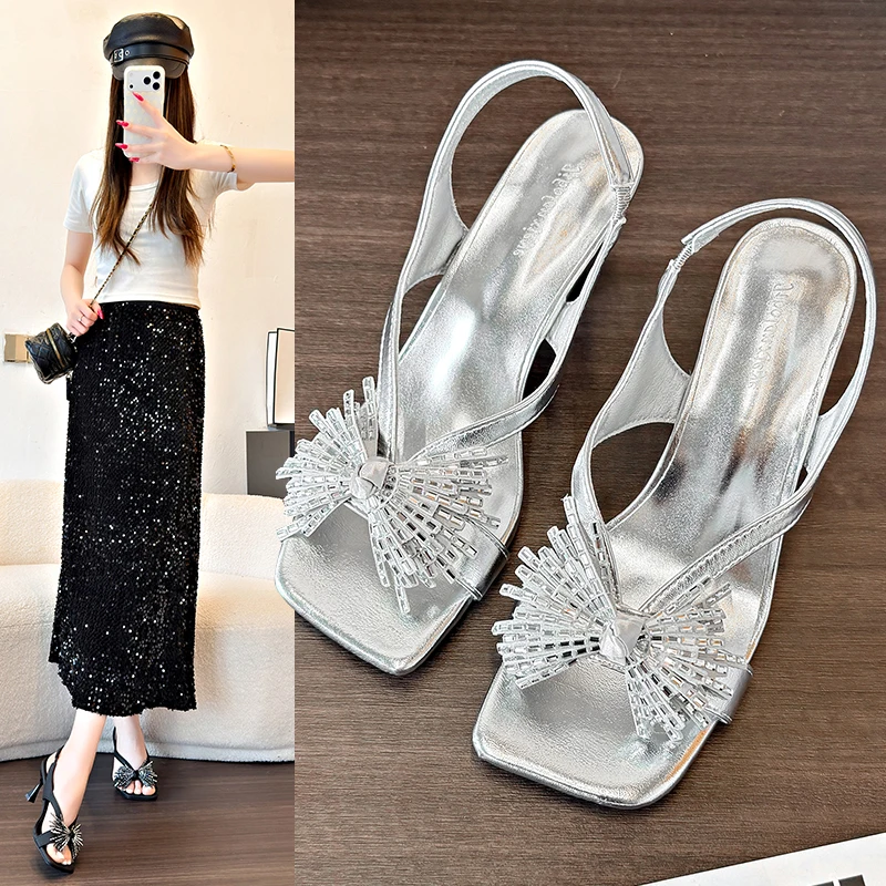 Women Rhinestone Tassel Fringe Slingback Sandals Square Open Toe 7.5CM Flared Tulip Stiletto High Heel Party Dress Shoes