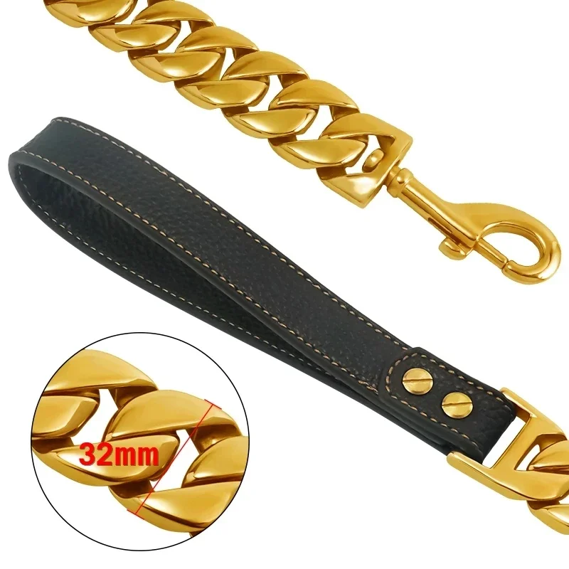 Stainless Steel Dog Leash Pet  Lead Traction  Super Strong Gold Collar Chain 32mm 19mm Bulldog Pitbull Large Dog Collar Leash