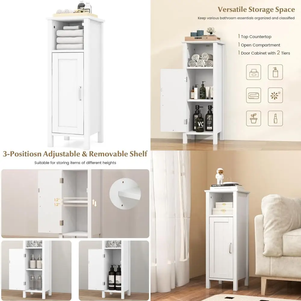 

narrow freestanding storage cabinet with adjustable shelves for bathroom or console table use