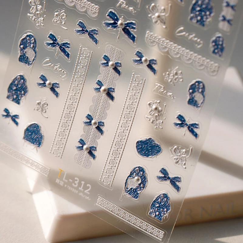 꽃 Bowknot 나비 레즈비언 레이스 Rockery 자갈 데님 색상 5D 양각 구호 접착제 네일 아트 스티커 매니큐어 데칼