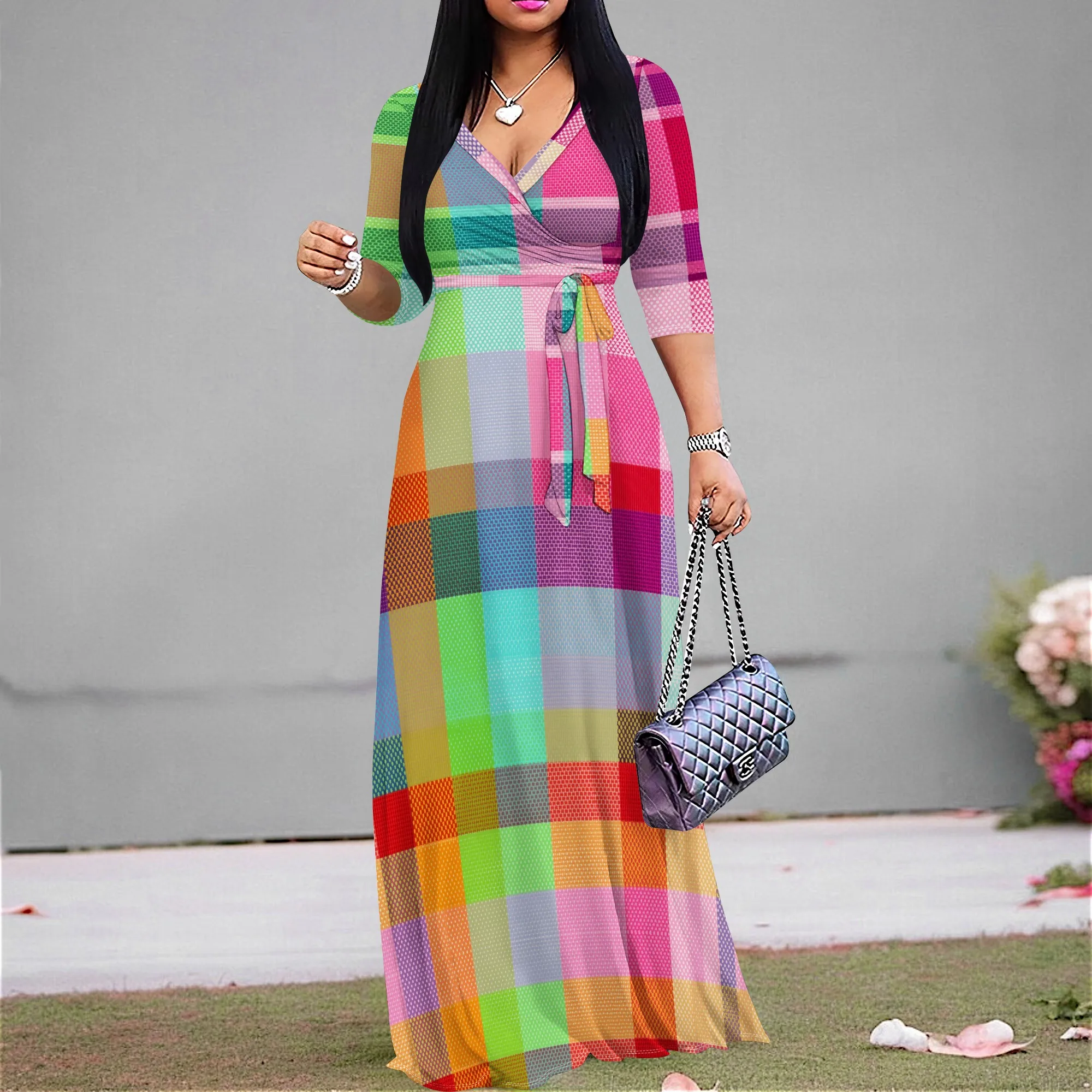 

"Colorful Plaid Wrap Maxi Dress for Women, Rainbow Checkered Dress, S-3XL, Perfect for Spring & Summer Parties"