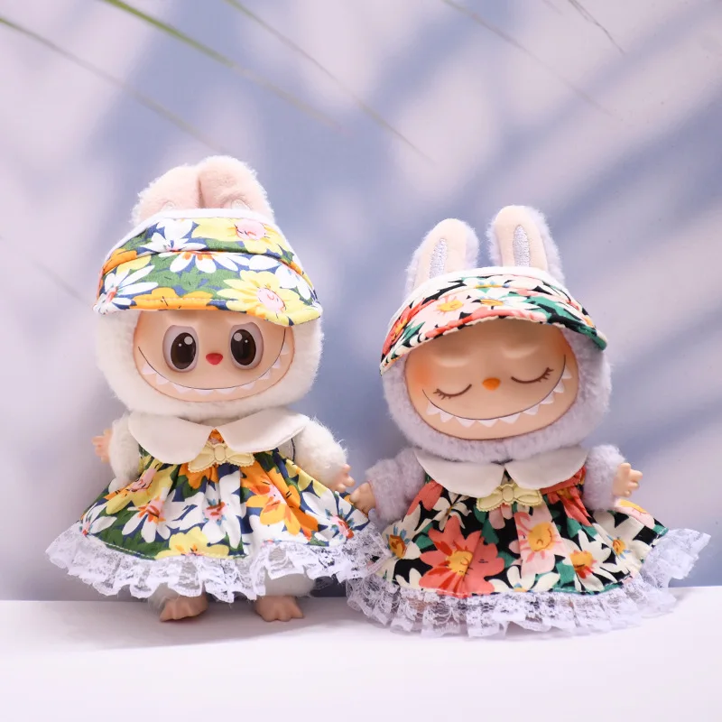 

Adorable Floral Print Dress Visor Set With Lace Accents For 15/17cm Labubu Dolls 1st-3rd Generation