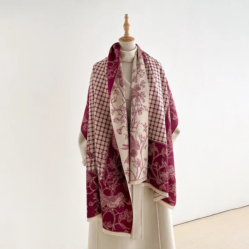 Women Floral Bird Houndstooth Print Scarf Shawl Double Sided Imitation Cashmere Large Warm Wrap Autumn Winter Neck Accessory