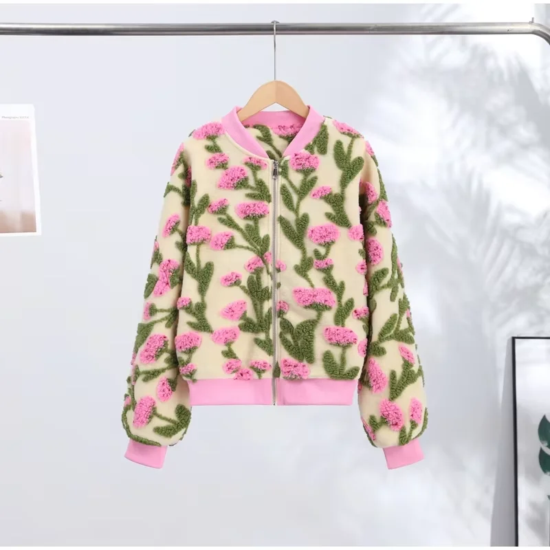 Designer 3D-Blumen-Fleece-Bomberjacke für Damen, Modische Oversize-Jacke mit Reißverschluss, Luxuriöse Plüsch-Oberbekleidung, Herbst-Winter-Streetwear 2026 – Detail 4