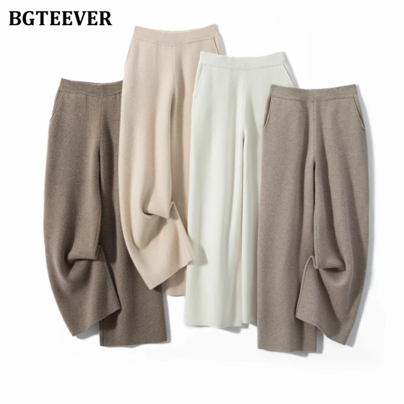 BGTEEVER Autumn Winter Pockets Wide Leg Knitted Pants Women Casual Elastic Waist Loose Female Sweater Trousers