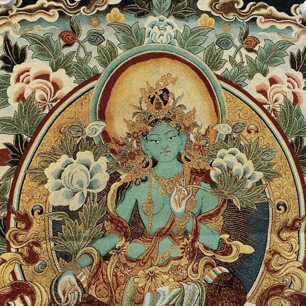 Thangka Embroidery Tibetan Buddhism Silk Embroidery Green Tara Sitting Buddha Thangka Hanging Screen Worship Hall