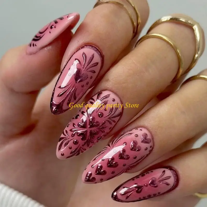 M4YA 30 Stuks Amandel Fake Druk Op Nagel Kunstnagel Valse Nagellijmen Op Nagel Hart Ontwerpen Franse tips Geschenken