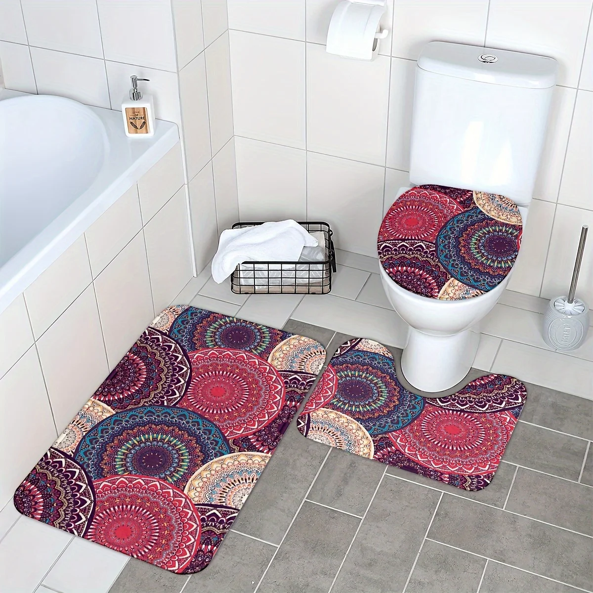 

Набор ковриков для ванной комнаты с узором мандалы, состоящий из 3 предметов, нескользящий моющийся полиэстеровый коврик для ванной, контурный коврик и крышка унитаза, машинная стиральная машина