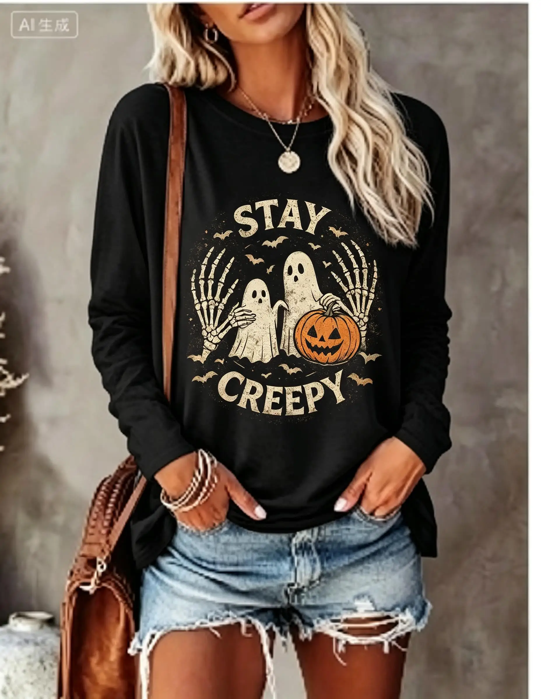Women Halloween Long Sleeve T‑Shirt Stay Creepy Letter Skull Pumpkin Bat Vintage Print Crew Neck Tops