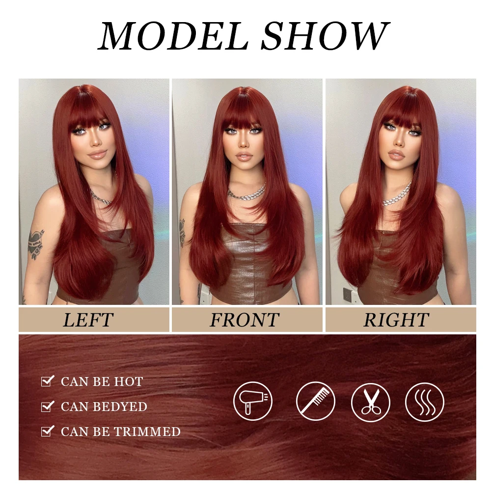 GEMMA Dark Red Brown Long Straight Synthetic Wig with Bangs Natural Wave Wigs for Women Heat Resistant Cosplay Party Daily Hair