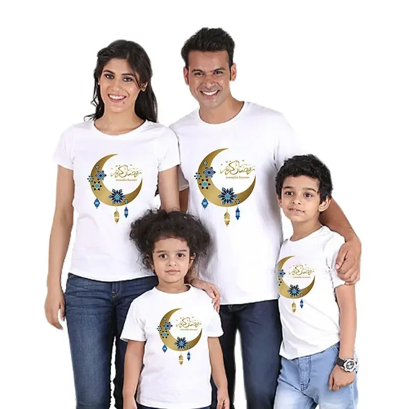 

Ramadan Kareem Moon T-Shirt Muslim Festival Cotton Family Matching Outfits Dad Mom and Kids Eid Al Fitr Holiday Family T Shirt