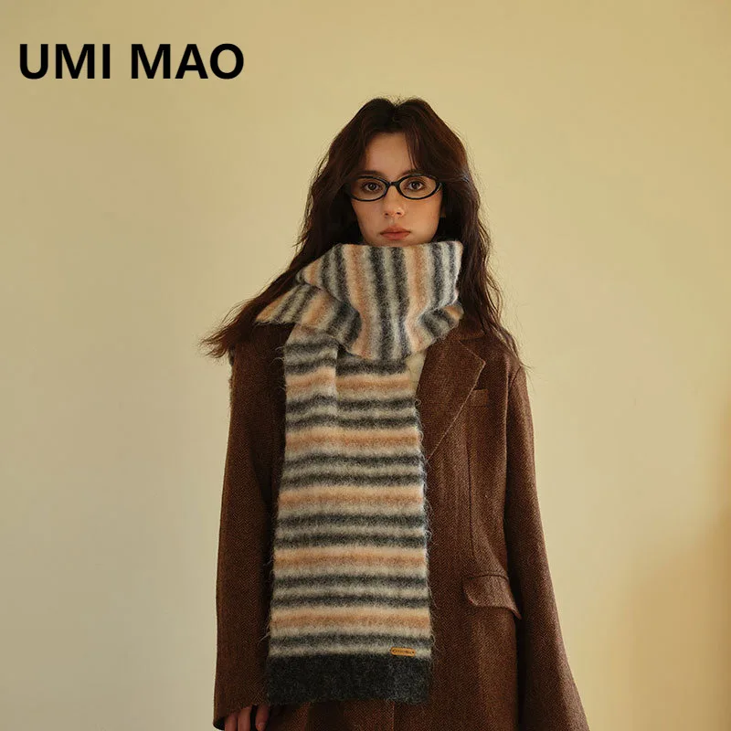 

UMI MAO Korean Style Plush Feel Knitted Striped Soft Wool Blend Scarf Women Winter Cold Protection Student Warm Block Neck Scarf