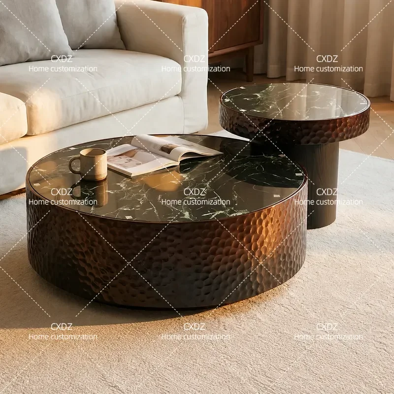 Modern Round Coffee Table Set with Side Table for Living Room Small Apartment High End Colored Stone Design Luxury Home
