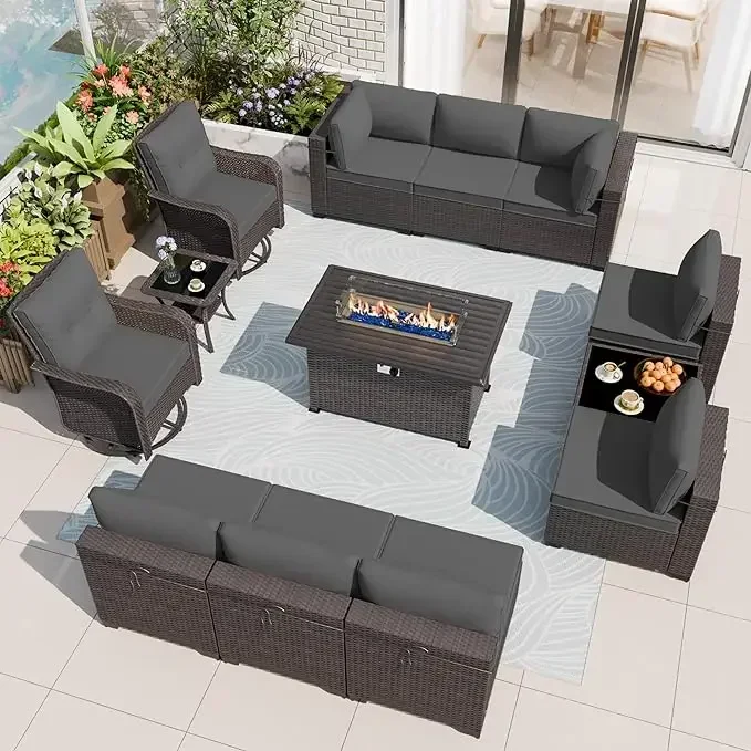 13-Piece Patio Furniture Set with 2 Swivel Chairs Gas Fire Pit Patio Conversation Set