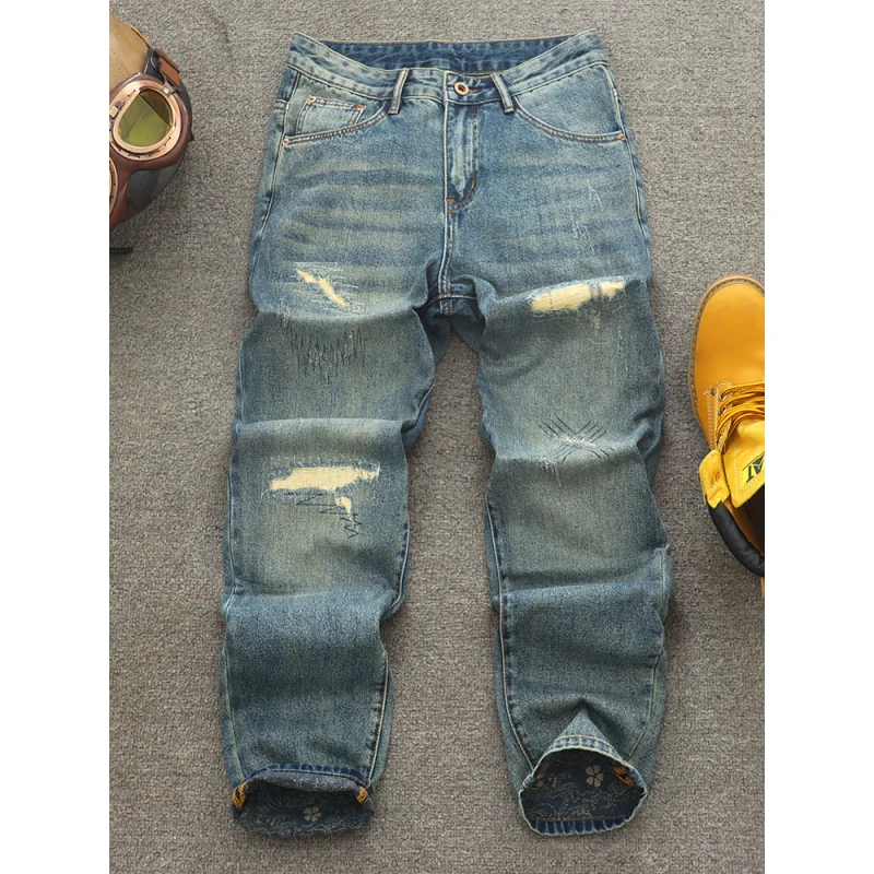 Pantalones vaqueros con parches rasgados retro, informales y geniales, a la moda, estilo coreano, pantalones nostálgicos de calle sueltos de pierna recta para hombre