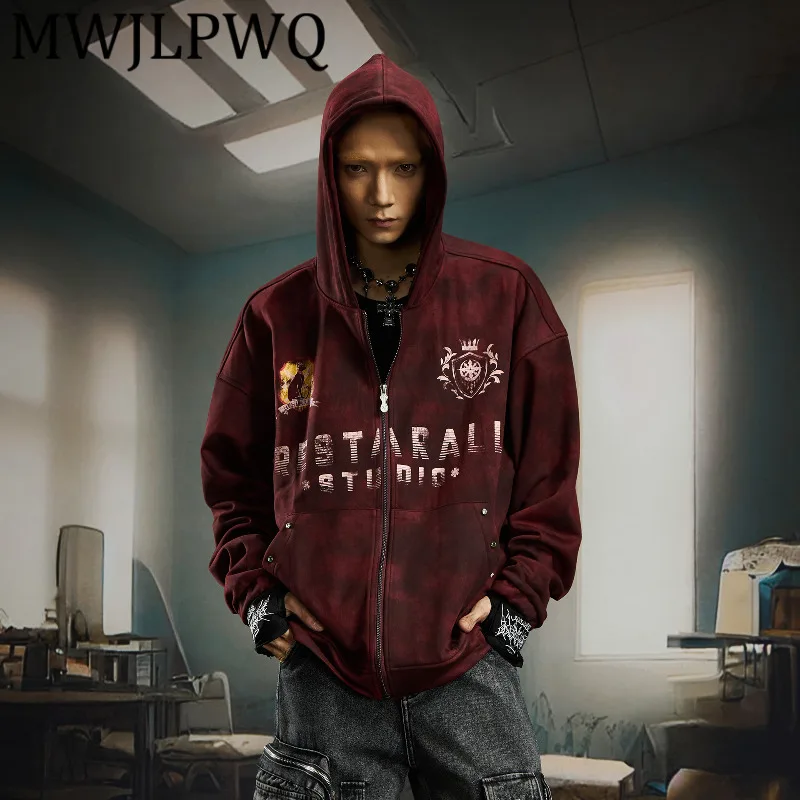 

MWJLPWQ Men's Embroidered Letter Tie-Dye Zipper Hooded Sweatshirt Men's 2025 New Distress Long Sleeve Casual Tops Street 12607