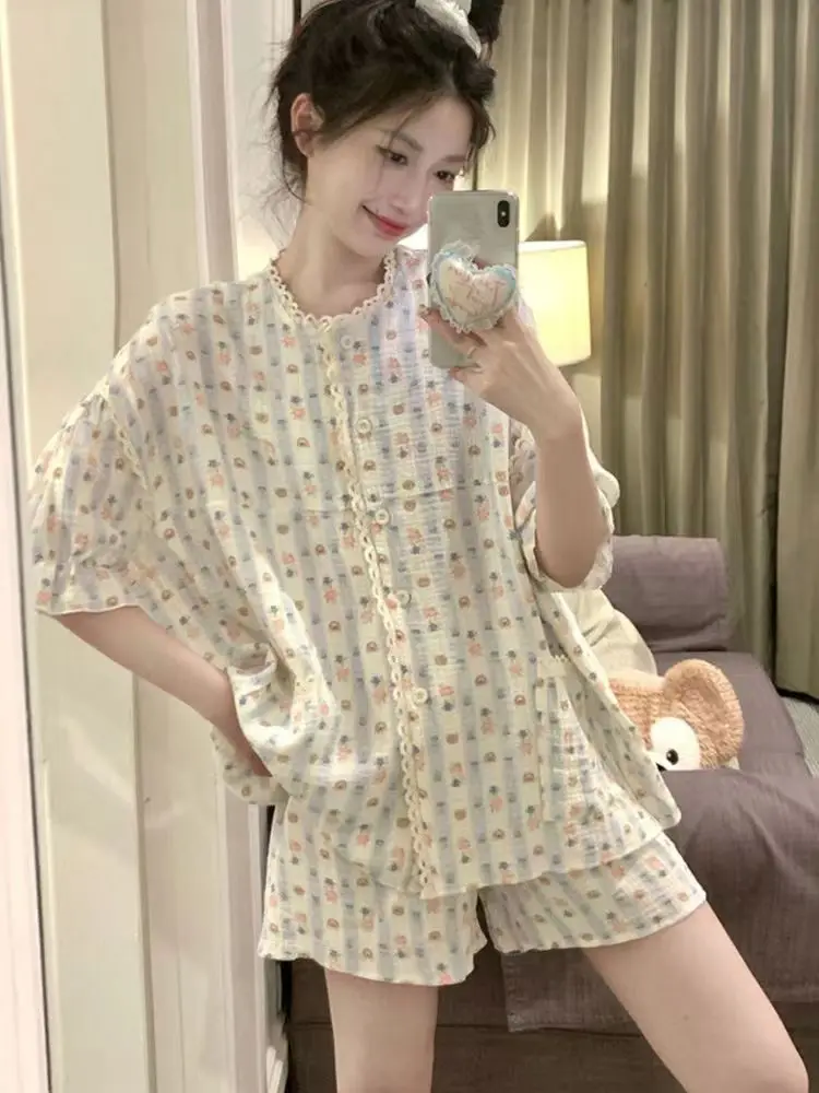Pajamas Women Summer Lace Sweet Girls Homewear Student Loose Short Sleeve Shorts Set Thin