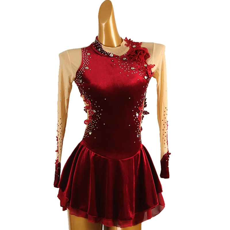 

Figure Skating Dress red Women girl Ice Skating Dress Gymnastics Costume custom crystal rhinestone velvet B246