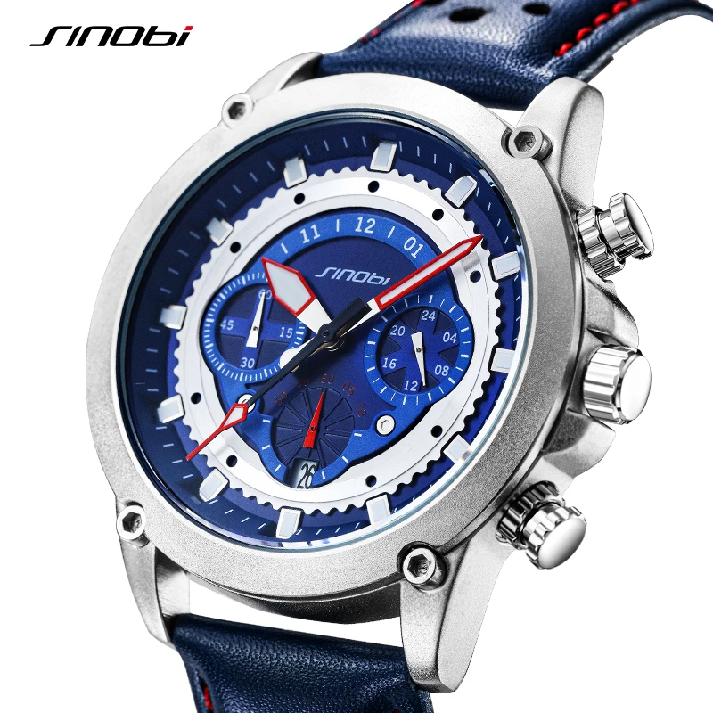 SINOBI New Fashion Sports Mens Watches Stainless Steel Chronograph Man Quartz Wristwatches Luminous hands Male\'s Calender Clock