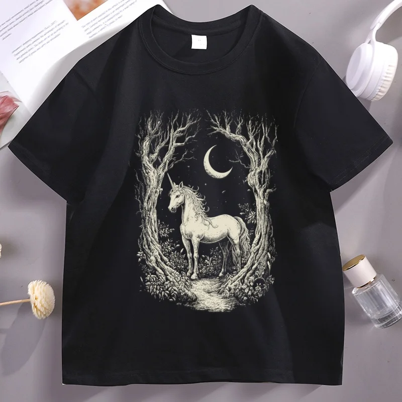 

Magical Unicorn T-Shirt Whimsical Moonlight Tee Cute Unicorn Lovers T Shirt Casual Breathable Looseround Neck Tshirts